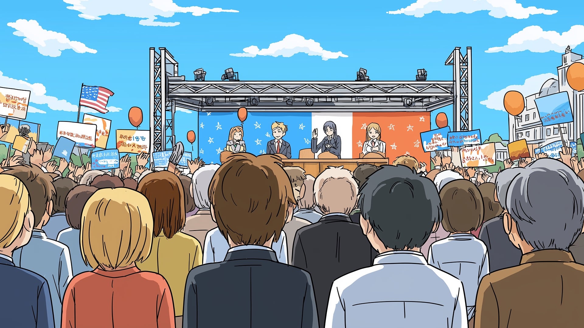 Candidate speaking at a podium during a campaign rally, with party banners behind and citizens gathered in the crowd.