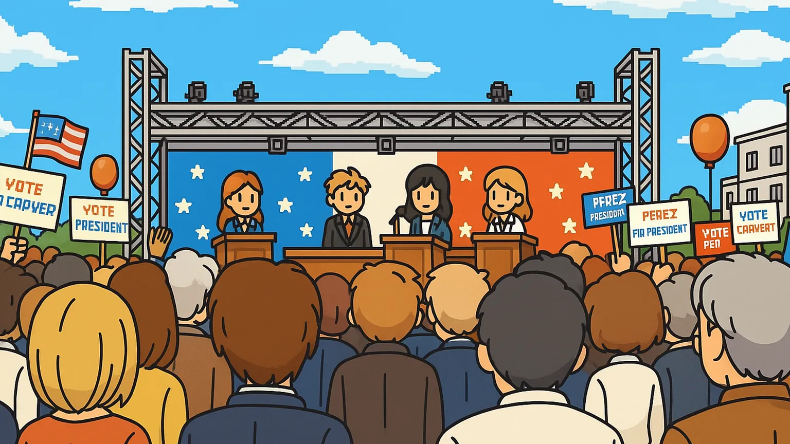 Candidate speaking at a podium during a campaign rally, with party banners behind and citizens gathered in the crowd.