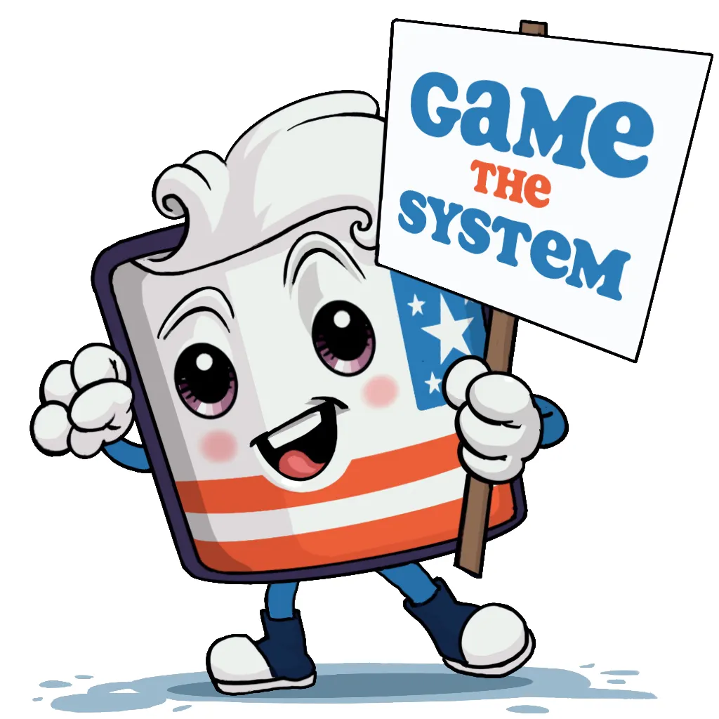 Cartoon mascot shaped like a smiling tablet with red and white stripes, blue stars, and big eyes, holding a sign that reads “Game the System".